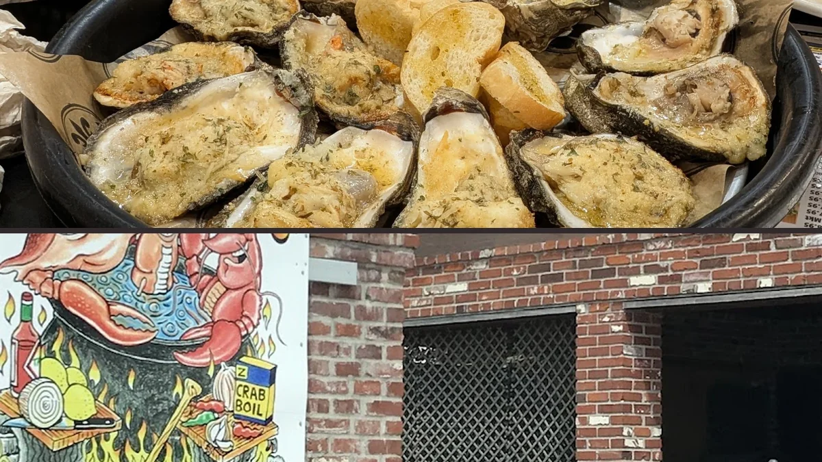 Indoor dining with seafood dishes and drinks.